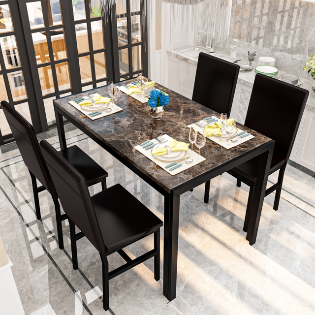 Furlinkhm Dining Table Set for 4, Faux Marble Table with 4 PU Leather Chairs, Modern Kitchen Table and Chairs for 4, Small Kitchen Table and Chairs for Dining Room, Kitchen, Coffee