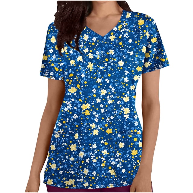Pisexur Womens Scrub Tops Boasting Colorful Floral Prints Along With Short Sleeve Scrub Tops Suitable for Nursing Uniforms With Convenient Pockets