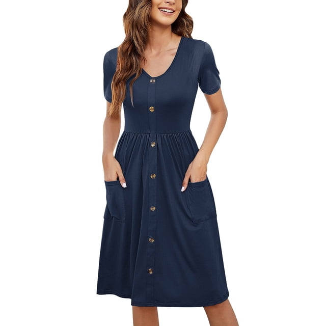 2025 Robe d'Été Décontractée pour Femmes, Robe Courte Décontractée Beige, Robes à Manches, Robes Boutonnées, Robes Soleil Longueur Genou avec Robes d'Été pour Femmes