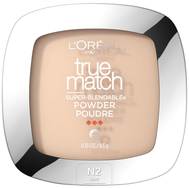 L'Oréal Paris True Match Powder 9.5 g in shade N2 Light, compact with rounded silver edges and clear window showing beige powder, labeled with brand and product name in white text, suitable for mattifying skin and controlling shine.
