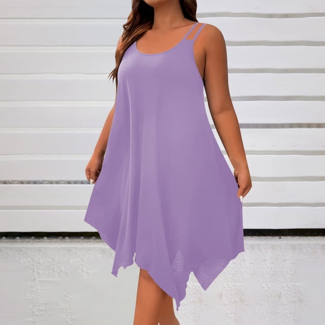 Ounisa Robe Camisole Midi Fluide Sans Manches à Encolure Dégagée et Ourlet Asymétrique pour Femme Grande Taille