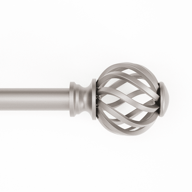 Mainstays 3/4" Nickel Twist Cage Adjustable Single Curtain Rod Set, 30"-84" showing a close-up side view of the nickel-finished steel rod with a sculpted twist cage finial, adjustable length, and mounting brackets included, suitable for window treatments and curtain hardware installation.