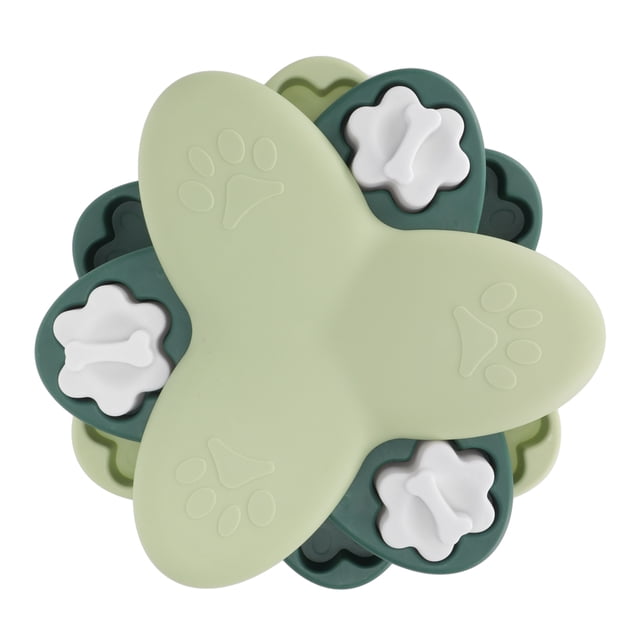 Mgaxyff Dog Games Treat Dispenser, a training dog puzzle toy and interactive feeder designed as a slow feeder to aid digestion and reduce flatulence. Made of durable PP material, it features a paw-shaped design with multiple treat compartments, sliders, and non-slip accessories for mental stimulation and reducing boredom.