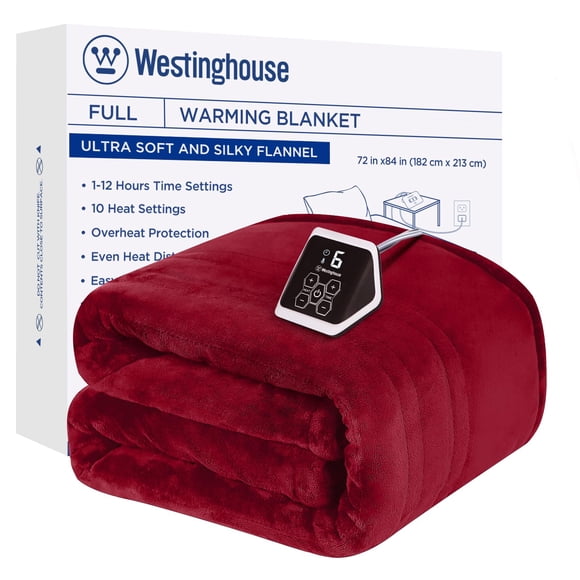 Westinghouse Heated Blanket Full Size Electric Heating Blanket with 10 Heating Levels 1-12 Hours Auto Shut Off Fast Heating Warming Blanket Machine Washable (Full 72x84 Inches Wine Red)