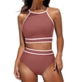 thumbnail image 1 of Penkiiy Swimsuit Set for Women 2 Piece Ribbed High Waisted Bikini Set Sporty Color Block Bathing Suits 2XL Brown, 1 of 7