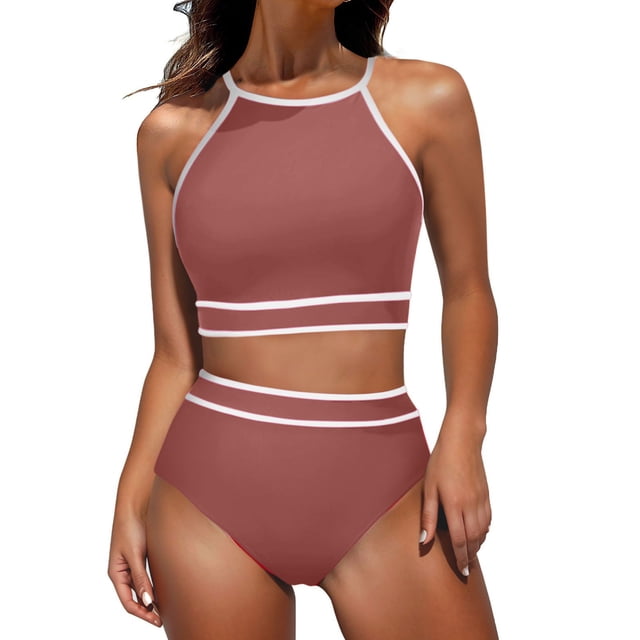 Penkiiy Swimsuit Set for Women 2 Piece Ribbed High Waisted Bikini Set Sporty Color Block Bathing Suits 2XL Brown