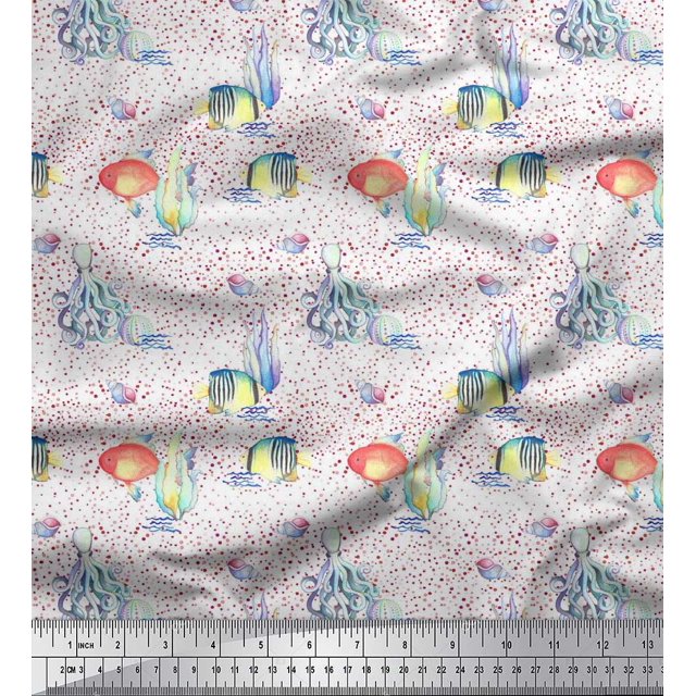 Soimoi Georgette Viscose Fabric Fish & Octopus Ocean Fabric Prints by Yard 42 Inch Wide