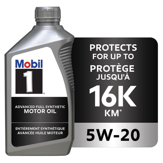 Mobil 1™ Full Synthetic Engine Oil 5W-20, 1 L bottle with silver-gray plastic container and gray cap, labeled with Mobil 1 logo and advanced full synthetic motor oil text, indicating protection for up to 16,000 km, ideal for engine wear protection and long engine life.