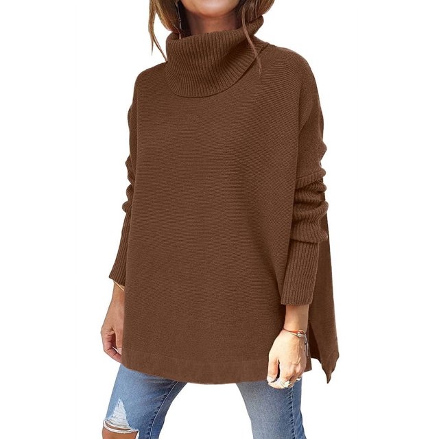 MesaSe Chandails à Col Roulé Surdimensionnés pour Femmes 2034 Automne Manches Chauve-Souris Longues Tunique à Ourlet Fendu Chandail à Enfiler Hauts en Tricot
