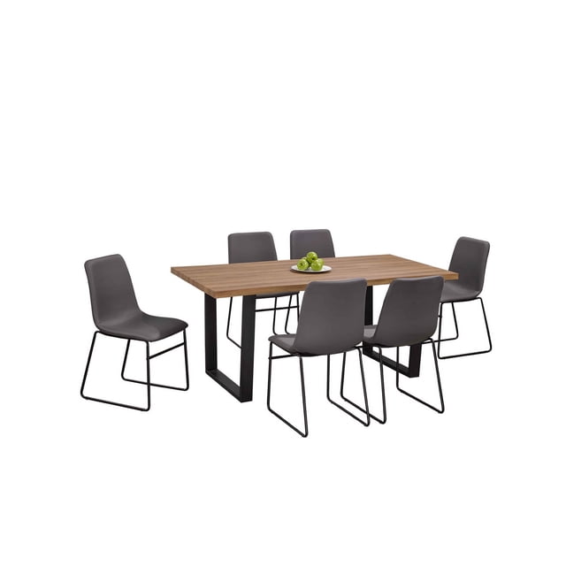 Distressed Oak 7 Piece Dining Set With Grey Bonded Leather Curved Chairs