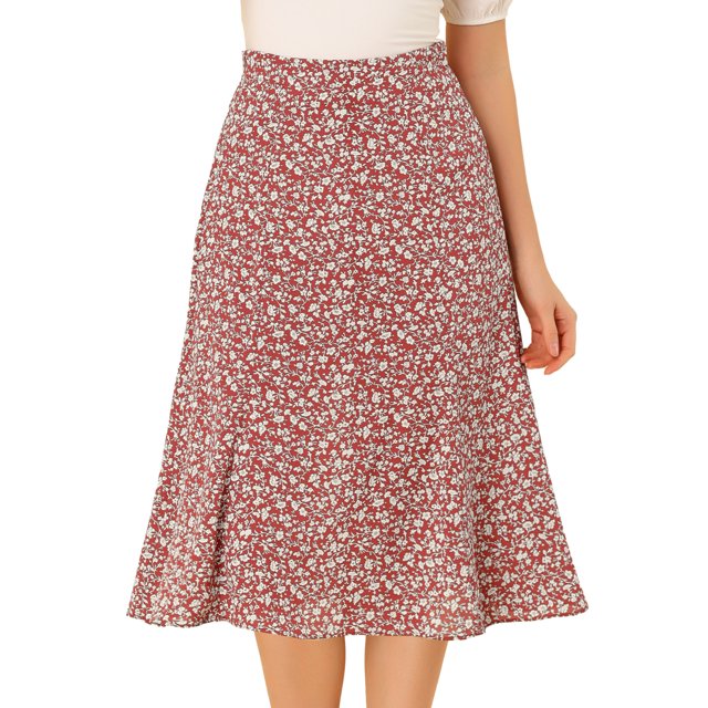 Unique Bargains Jupe Paysanne pour Femme à Taille Élastique, Ligne A, Midi, Imprimé Feuilles, Rouge Blanc, m