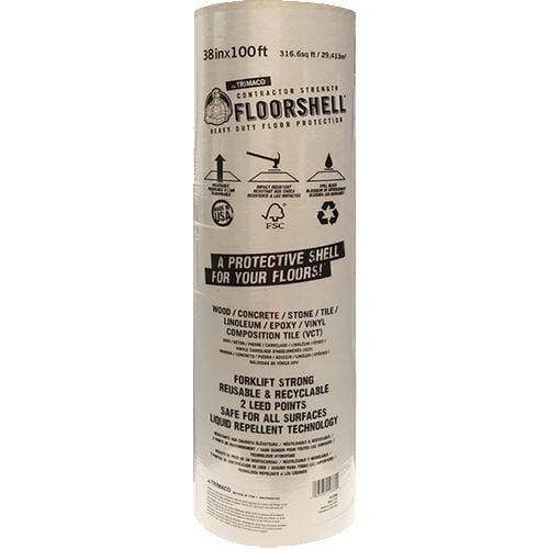 Trimaco 12380 38" x 100' Roll 46mil Floor Shell heavy-duty contractor strength floor protection roll made from recycled, recyclable material with liquid repellent technology, reusable and safe for wood, concrete, tile, vinyl, and other surfaces.