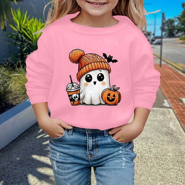 PMVFHDE Chandails à Capuchon et Chandails pour Filles Mode Enfants Halloween Mignon Imprimé Col Rond Sans Capuche Chandail à Manches Longues pour Filles Rose, 3-4 Ans