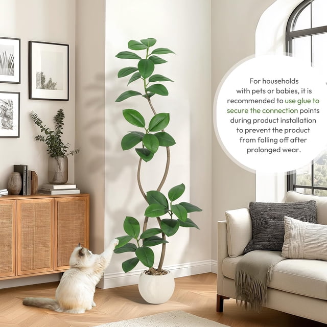 5.9ft Artificial Rubber Tree with Off White Sphere Resin Planter & Stone,Indoor Artificial Tree Tall Plant Fake Tree,Faux Fiddle Leaf Fig Tree for Home Decor