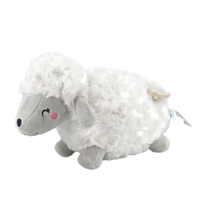 Carter's Sheep Waggy plush toy with a white swirl-textured body and soft gray face, ears, and legs, embroidered smiling eyes and pink cheeks, featuring a musical key that plays Brahms Lullaby and gently moves the head, ideal for soothing naptime and bedtime.