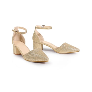 BLISSFUL STEP Glitter Pointed Toe Pumps Ankle Strap Buckle Chunky Block Heel Dress Pumps for Women Gold (Size 8)