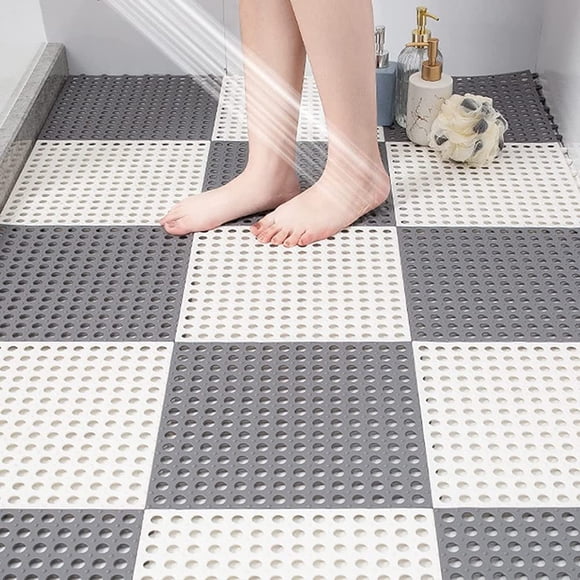 10 Pcs Interlocking Rubber Floor Tiles with Drain Holes DIY Size 11.8 Inx 11.8 Inch for Bathroom Pool Grey and White