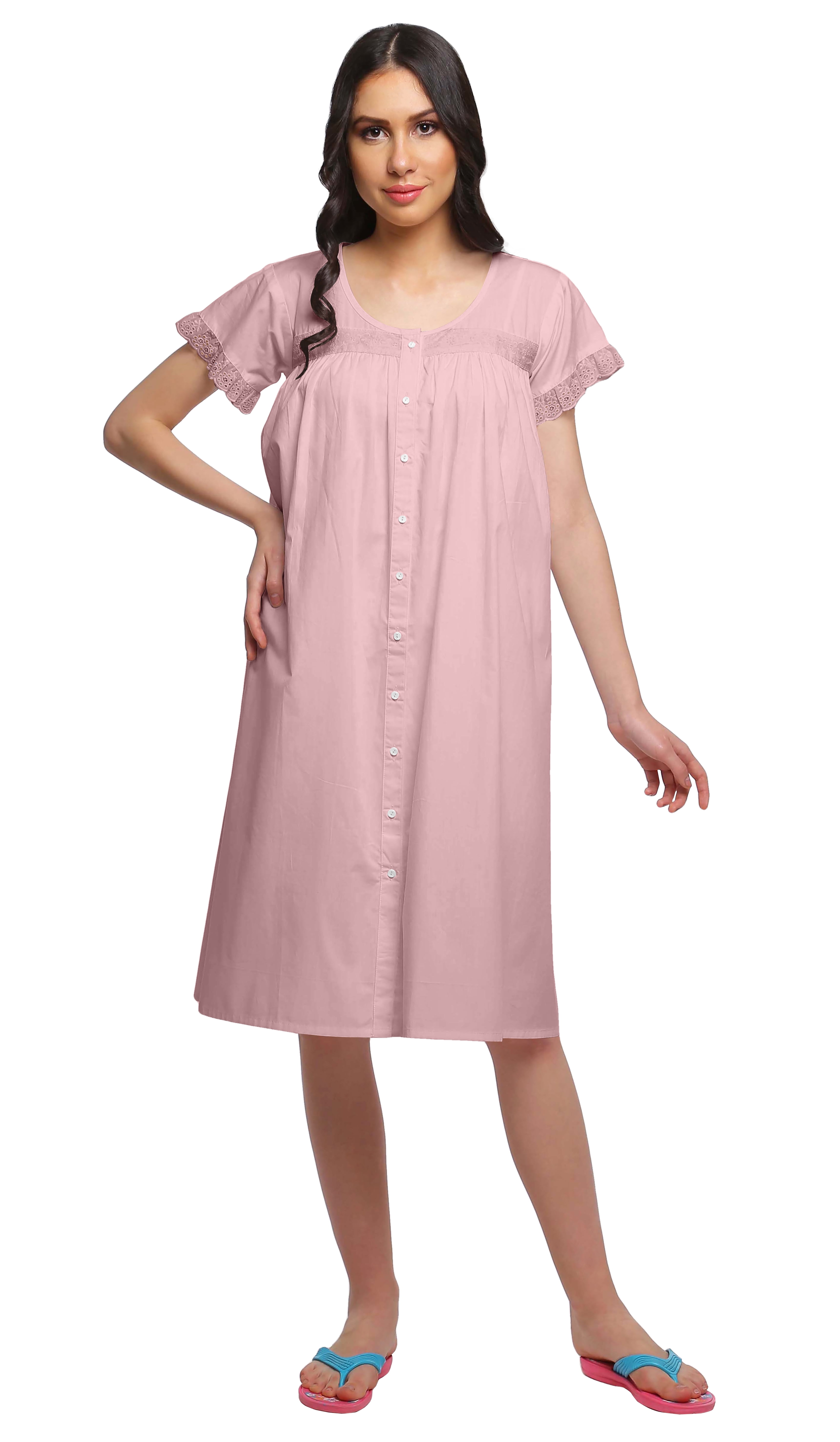 Moomaya Robe de Nuit d'Allaitement à Manches Courtes en Popeline de Coton Unie pour Femmes