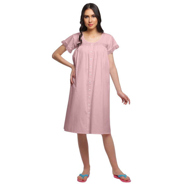 Moomaya Chemise de Nuit Femme Longueur Genou en Coton à Manches Courtes Robe de Nuit Unie