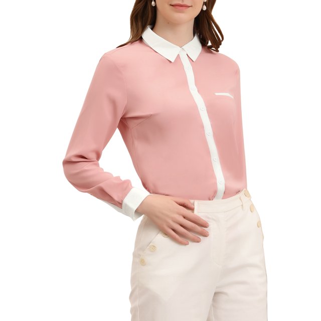 INSPIRE CHIC Women's Color Block Button Down Long Sleeve Work Shirt S Pink