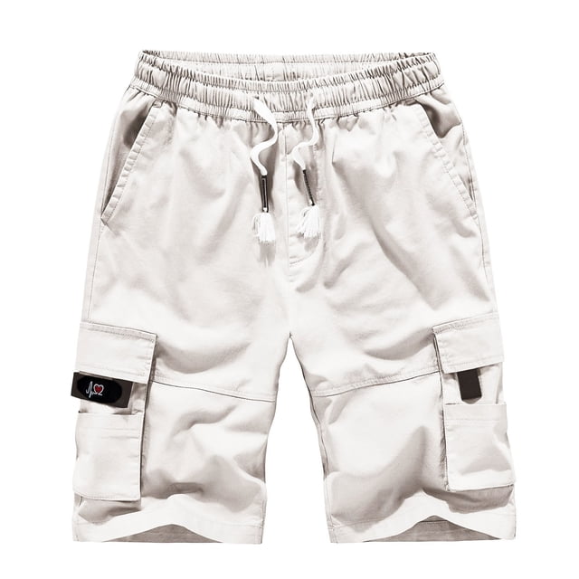 DPTALR Men's Plus Size Cargo Shorts Multi-Pockets Relaxed Summer Beach Shorts Pants in a light beige color. These shorts feature an elastic waistband with adjustable drawstrings, multiple spacious cargo pockets, and a relaxed fit. Made from lightweight polyester, they are designed for casual wear, outdoor activities, or lounging. Suitable for all seasons.