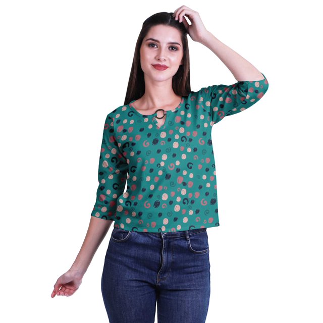 Moomaya Printed Keyhole Neck Ring Top Casual 3/4th Sleeve Tees Tank Tunic Top