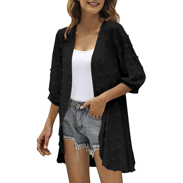 Qertyioot Cardigan Ouvert pour Femme Couleur Manches Trois Quarts Hauts Décontractés Blouse