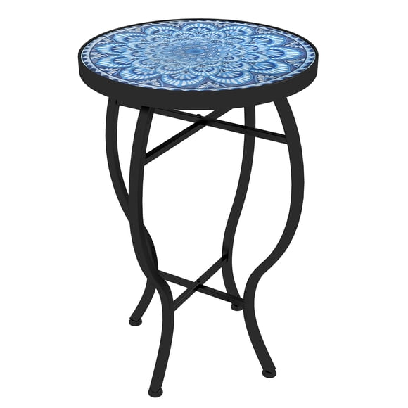 Outsunny Round Patio Table with Mosaic Tabletop, Steel Frame for Outdoor