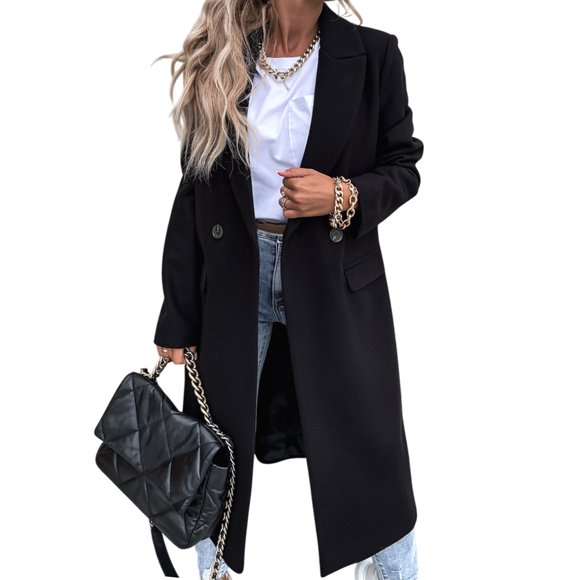 Women'S Winter Wool Coat Casual Lapel Single-Breasted Peacoat Black M