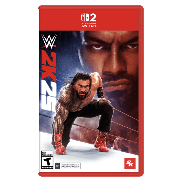 WWE 2K25 Nintendo Switch game cover featuring a muscular wrestler in black pants and red wrestling boots crouching inside a wrestling ring with ropes and smoky arena background, ESRB Teen rating and 2K logo visible.