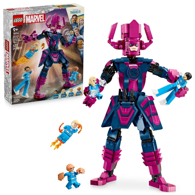 LEGO Marvel Fantastic Four vs. Galactus Construction Figure - Super Hero Building Toy - 4 Minifigures, Including The Thing, Invisible Woman and Human Torch - Gift for Kids, Boys and Girls, 9+ 76316 assembled set showing 4 minifigures (Mr. Fantastic with extendable legs; Human Torch with flame elements and transparent flight support; Invisible Woman with two force shields; The Thing with oversized hands) alongside a fully jointed Galactus construction figure over 11 in. (28 cm) tall on a neutral background; build-and-play display often used for collector display or role-play.