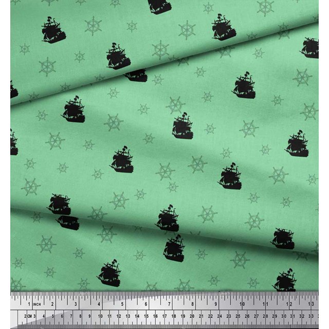 Soimoi Tissu Crêpe de Rayonne Vert Imprimé Nautique Navire & Roue au Mètre 46 Pouces de Large