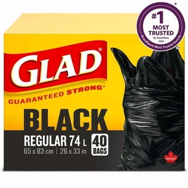 Glad Sacs à Ordures Noirs - Réguliers 74 Litres -, 40 Sacs à Ordures