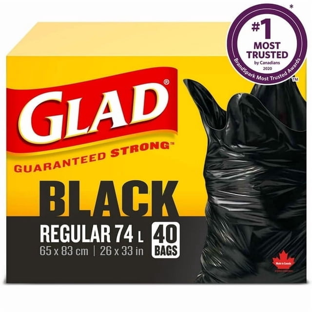 Glad Black Garbage Bags - Regular 74 Litres -, 40 Trash Bags