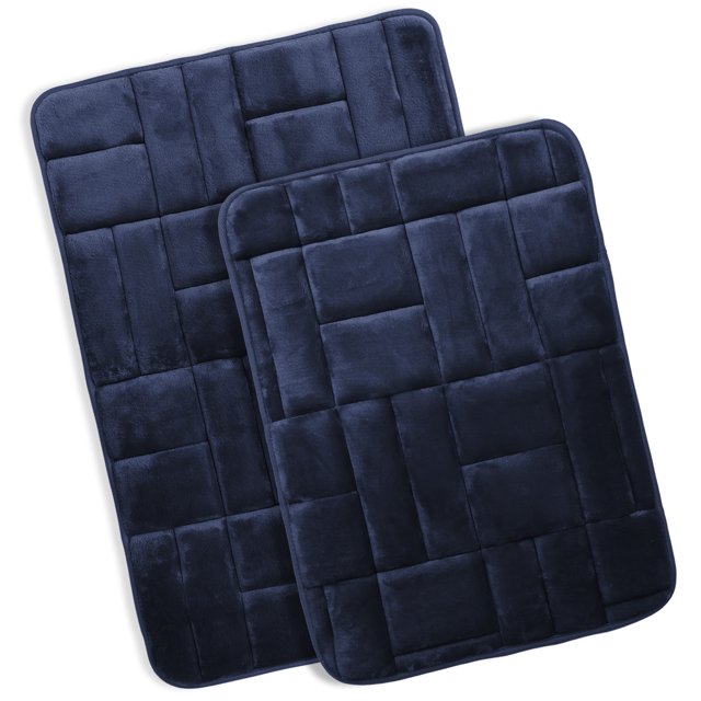 Clara Clark Bathroom Rugs, Velvet Memory Foam Bath Mat, Ultra Soft Non Slip and Absorbent - Tiled - Set of 2 - Navy