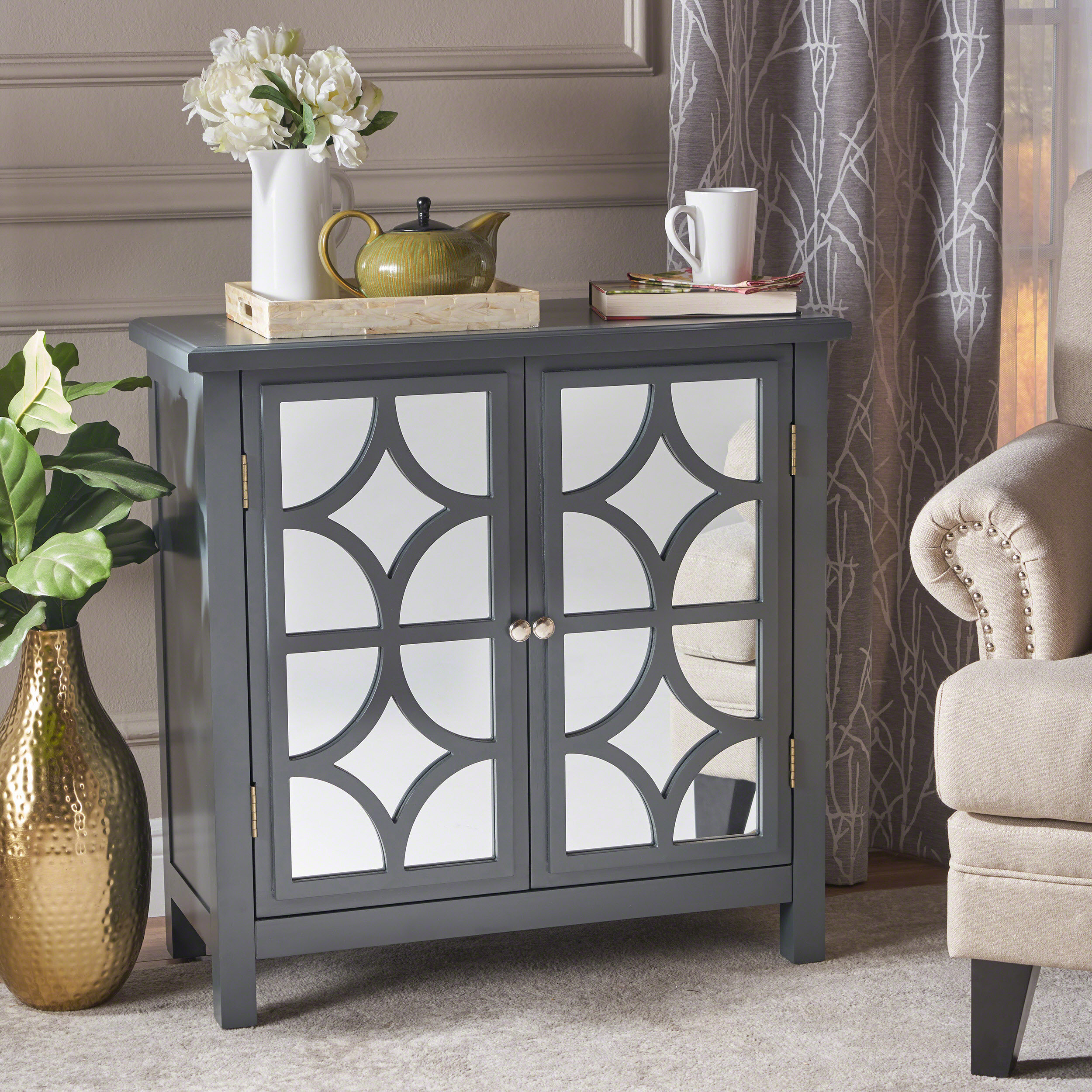 Armoire à Double Porte Finition Miroir Firwood, Gris Anthracite