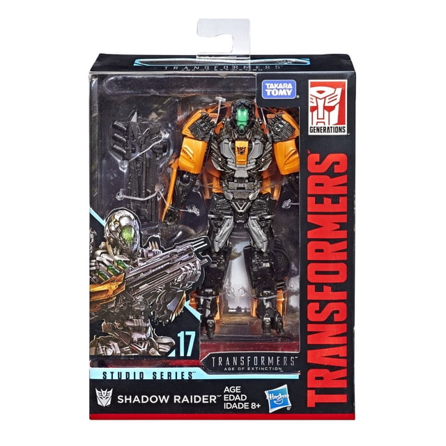 Transformers Studio Series 17 Classe de Luxe Transformers : l'Ère de l'Extinction Figurine Shadow Raider en Emballage, Mettant en Vedette un robot Noir et orange avec Plaque avant Verte et Accessoires d'Arme visible à Travers une Fenêtre d'Affichage Claire, Conçue pour les 8 Ans et Plus.