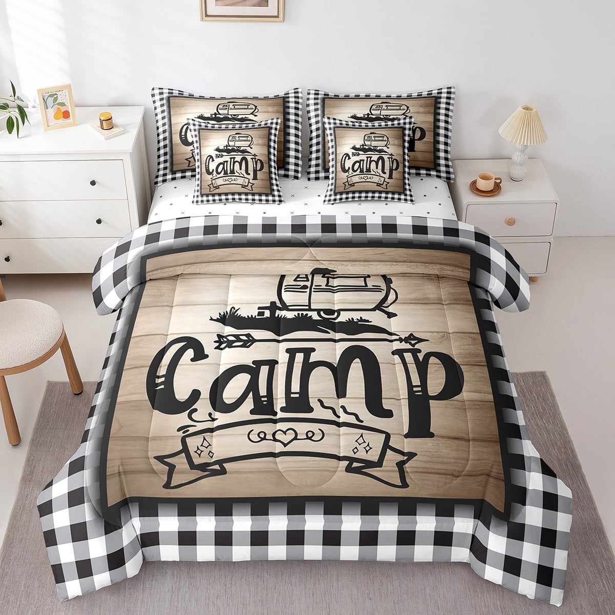 YST Ensemble de Douillette 7 Pcs, Déco de Roulotte, Carreaux Buffalo Noir et Blanc, 7 Pcs, Format Grand Lit