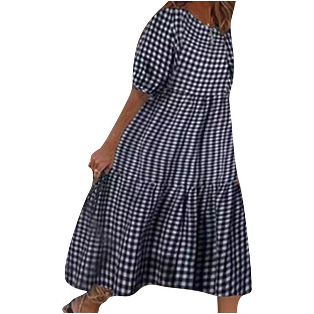 Fridja Robe d'Été Décontractée à Manches Courtes Col Rond Ample Grande Taille à Carreaux pour Femmes