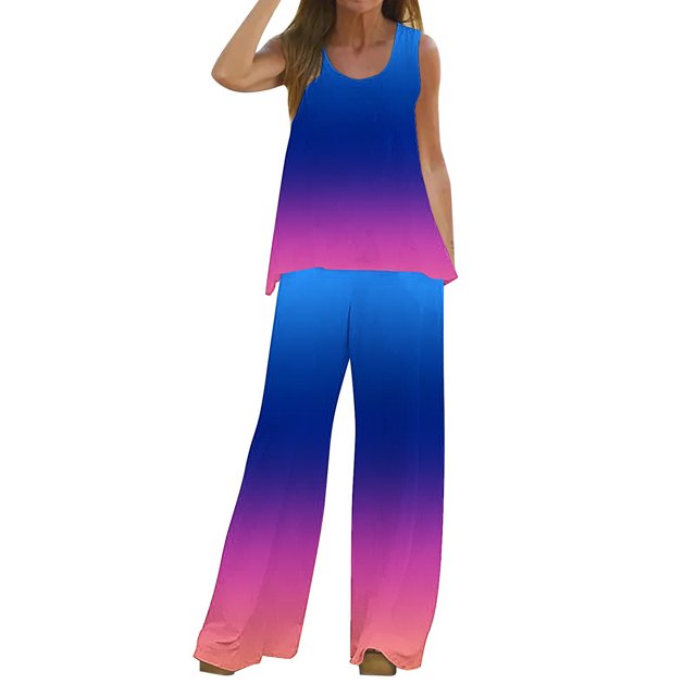 Mikilon Ensemble Élégant pour Femmes 2 Pcs Débardeur Imprimé Décontracté Sans Manches Col Rond Bleu-B L