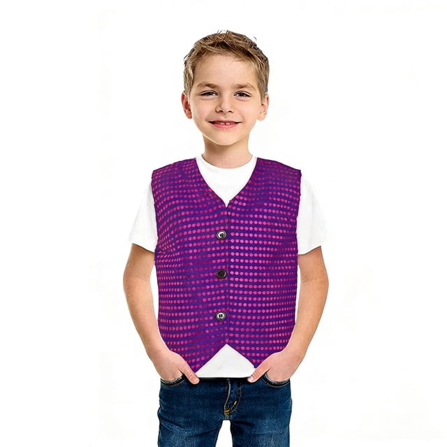 Rhuody Hauts pour Garçons Col à Revers Sans Manches Enfants Paillettes Jazz Hop Danse de Rue Gilet Veste Scène Performance Fête Gilet Blouse Tenue Classique Violet 13-14 Ans