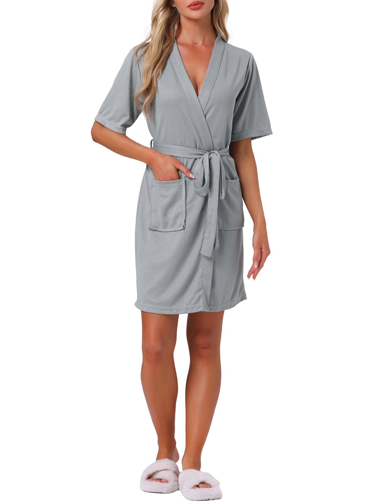 INSPIRE CHIC Women's Waffle Knit Bath Robe Lightweight Short Sleeve Tie Waist Lounge Robe with Pockets for Summer & Spa M Grey