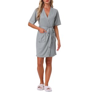 INSPIRE CHIC Waffle Robe de bain en tricot Robe de salle de bain légère à manches courtes avec des poches pour l'été & Spa M Gris pour femme