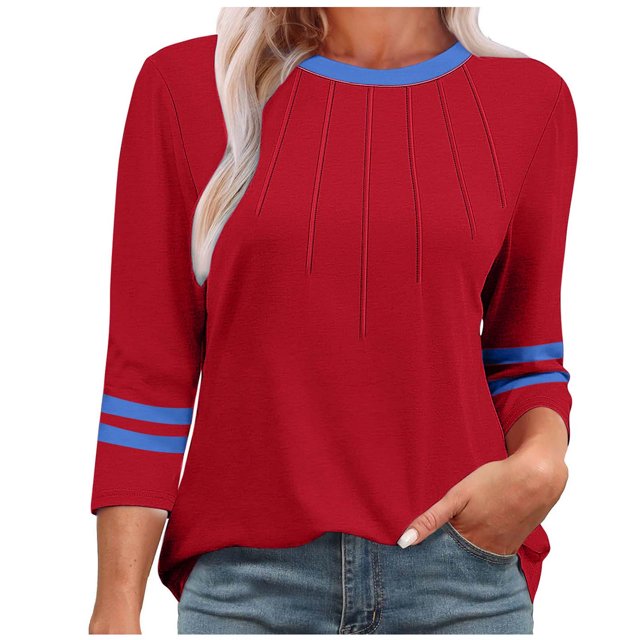 Olyvenn T-Shirts pour Femmes à Manches 3/4 d'Été à Col Rond Plissés T-Shirts Amples Basiques Hauts en Mélange de Coton pour Femmes Rouge TG