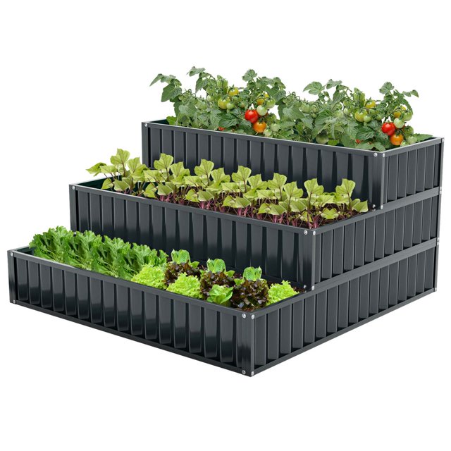 Costway 1 PCS 3-Tier Raised Garden Bed,47" x 47" x 24" Metal Outdoor Elevated Planter Box Black
