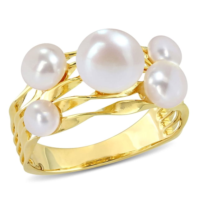 Miabella Freshwater Cultured Pearl Yellow Rhodium Plated Sterling Silver Multi-Row Ring featuring five 7-7.5mm button-shaped freshwater cultured pearls on a twisted multi-row yellow rhodium-plated sterling silver band with a high polish finish, shown in a close-up front view on white background, suitable for elegant women's ring collections and special occasion gifts.
