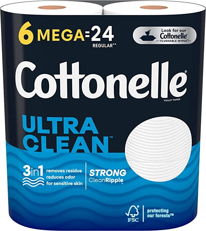 Cottonelle Ultra Clean Toilet Paper, Strong Bath Tissue, 6 Mega Rolls (Equals 24 Regular Rolls)