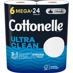 Cottonelle Ultra Papier hygiénique propre, Tissu de bain fort, 6 Mega Rolls (Equals) 24 Roulements réguliers)