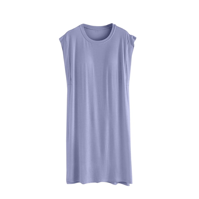 Japceit Chemises de Nuit pour Femmes, Chemisier pour Femmes Uni Décontracté Mode Col Rond Coupe Régulière Sans Manches Vêtements de Nuit Chemises de Sommeil