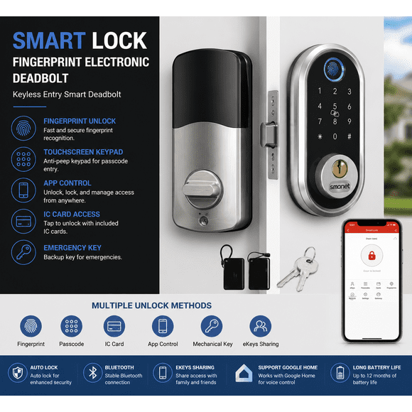 Smart Serrure à Empreinte Digitale Électronique Pêne Dormant pour Porte avec Clavier-Bluetooth, Entrée Sans Clé Smart Pêne Dormant, Contrôle Libre par Application, Carte IC, Partage d'Ekeys, Code d'Accès, Verrouillage Automatique, Prend en Charge Google Home